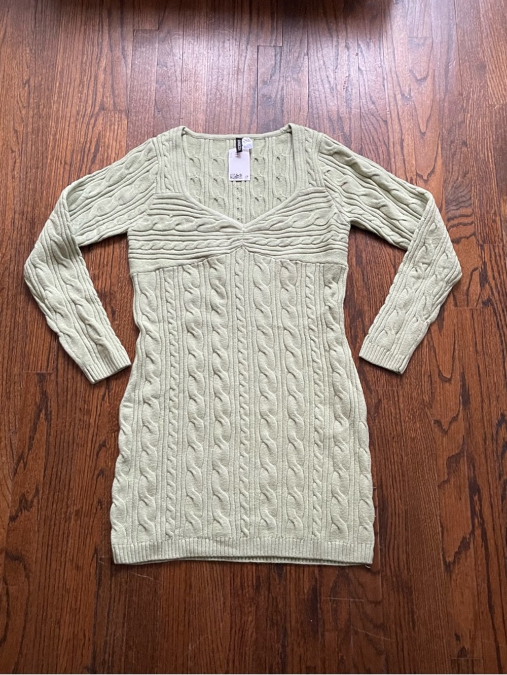 H&M Sage Green Cable Knit V-Neck Sweater Dress